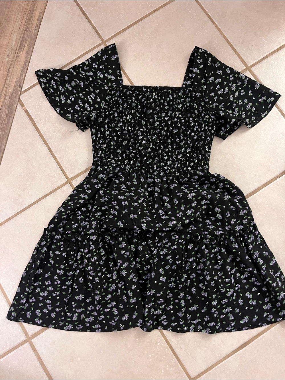 Black Floral Smocked Dress